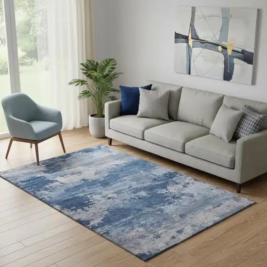 Navy Blue And Denim Blue Abstract Washable Area Rug With UV Protection Photo 2