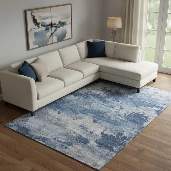 Navy Blue And Denim Blue Abstract Washable Area Rug With UV Protection Photo 2
