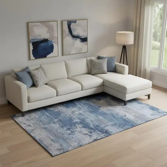 Navy Blue And Denim Blue Abstract Washable Area Rug With UV Protection Photo 2