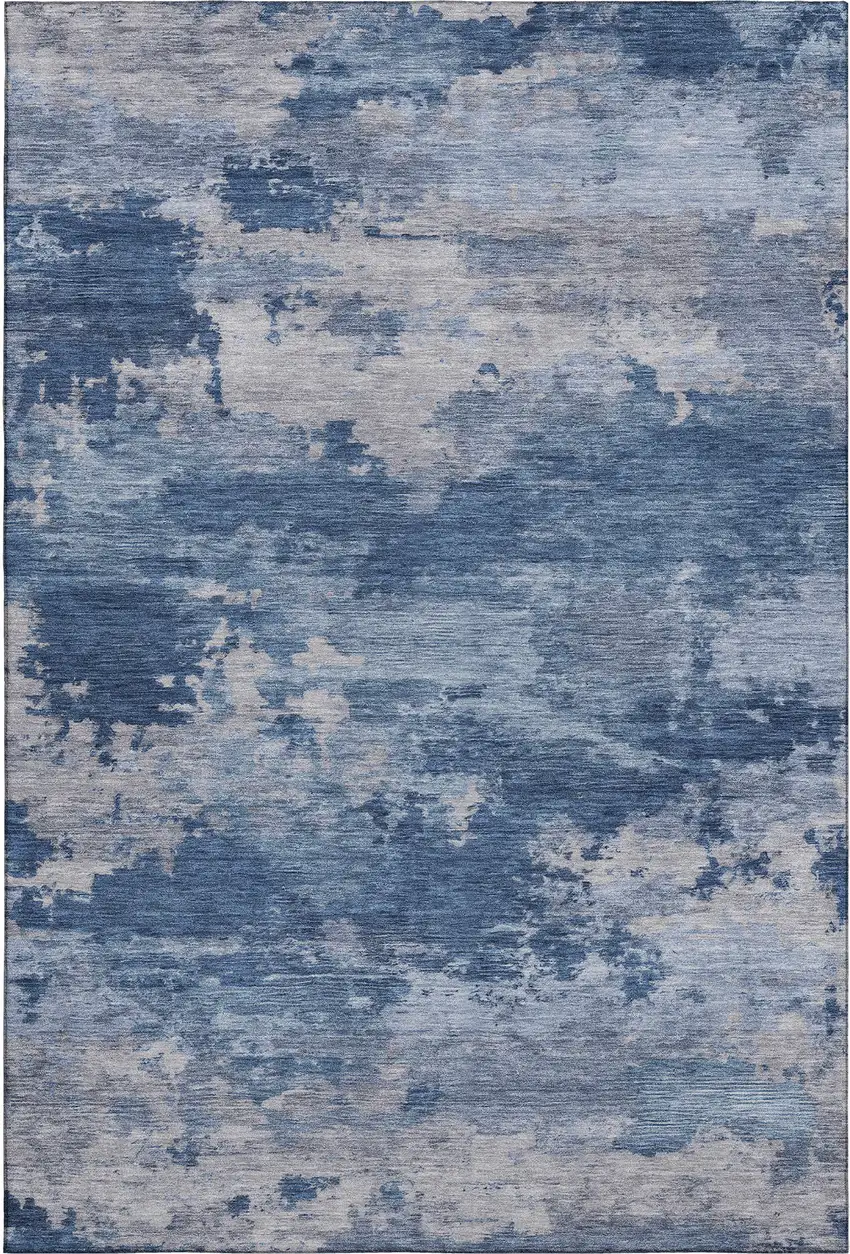 Navy Blue And Denim Blue Abstract Washable Area Rug With UV Protection Photo 1