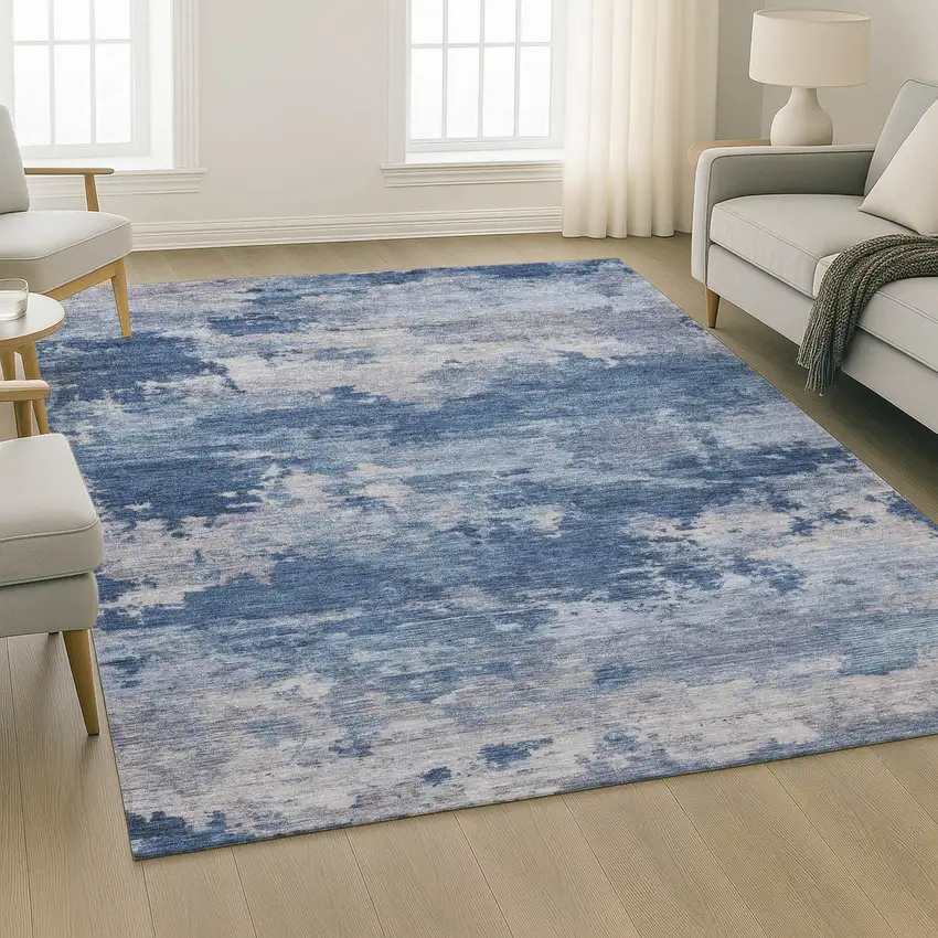 Navy Blue And Denim Blue Abstract Washable Area Rug With UV Protection Photo 6