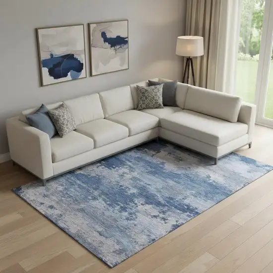 Navy Blue And Denim Blue Abstract Washable Area Rug With UV Protection Photo 2