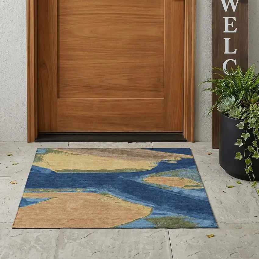 Navy Blue And Denim Blue Abstract Washable Indoor Outdoor Area Rug Photo 1