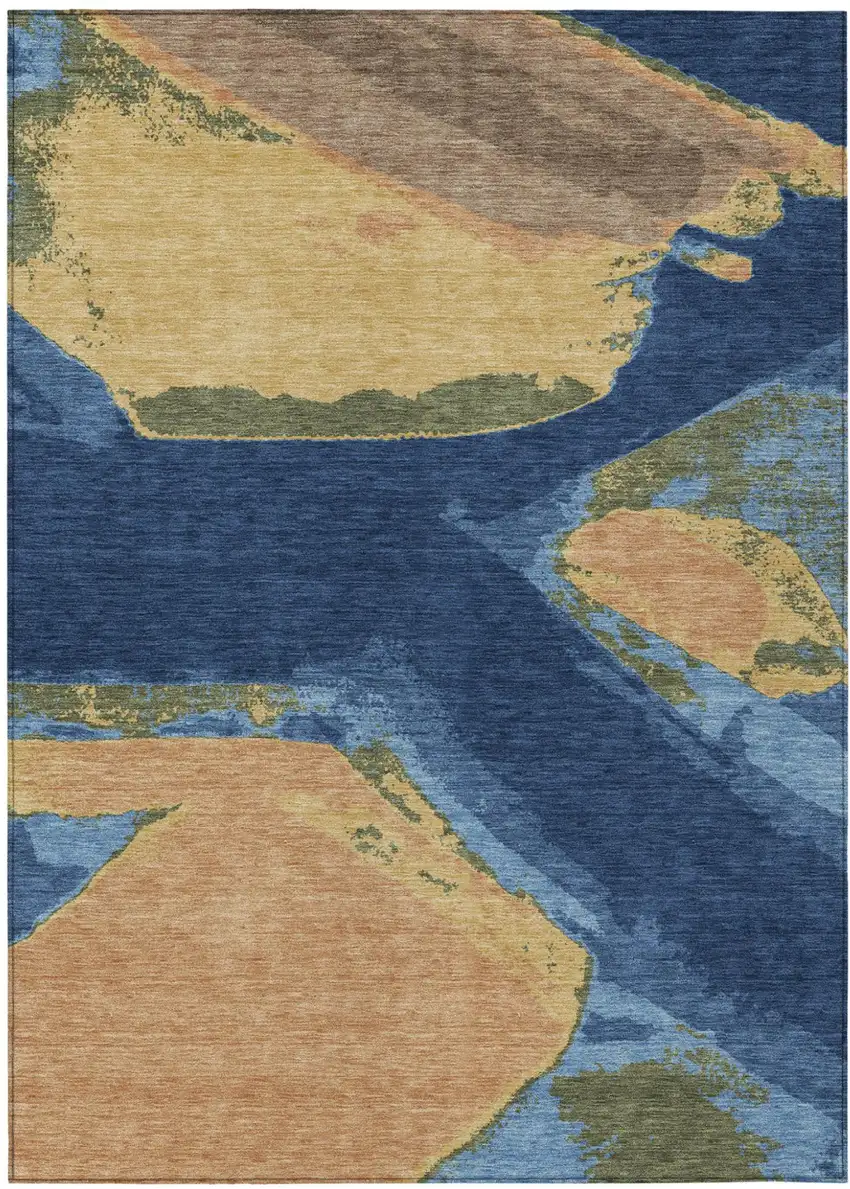 Navy Blue And Denim Blue Abstract Washable Indoor Outdoor Area Rug Photo 2