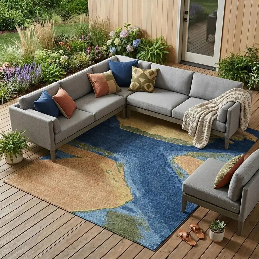 Navy Blue And Denim Blue Abstract Washable Indoor Outdoor Area Rug Photo 1