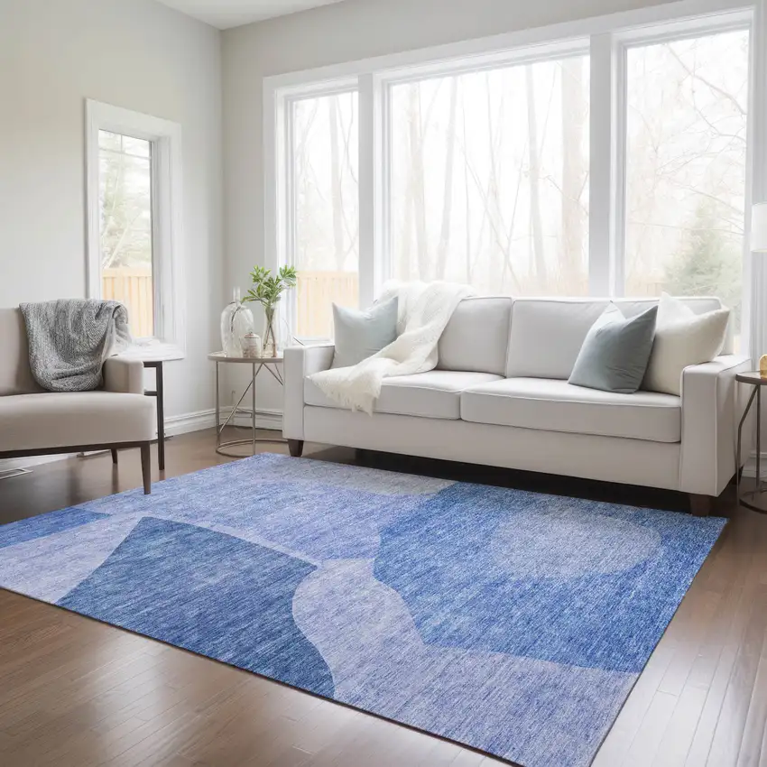 Navy Blue And Denim Blue Abstract Washable Indoor Outdoor Area Rug Photo 9