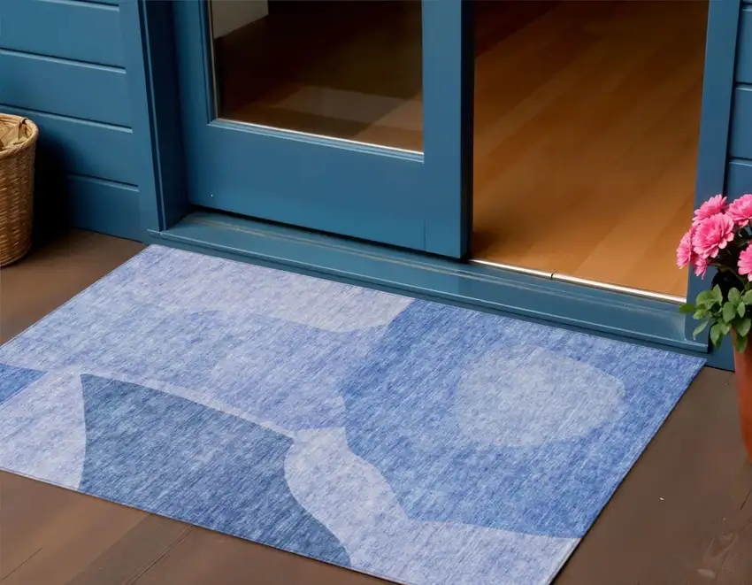 Navy Blue And Denim Blue Abstract Washable Indoor Outdoor Area Rug Photo 1
