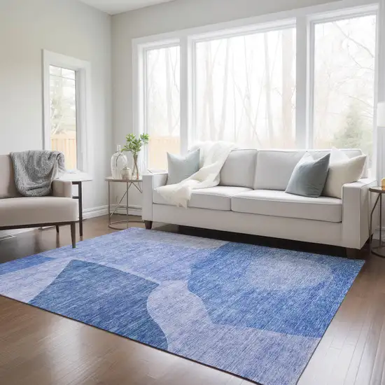 Navy Blue And Denim Blue Abstract Washable Indoor Outdoor Area Rug Photo 9