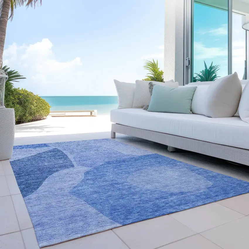 Navy Blue And Denim Blue Abstract Washable Indoor Outdoor Area Rug Photo 9