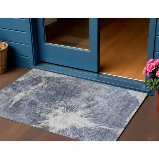 Navy Blue And Denim Blue Abstract Washable Indoor Outdoor Area Rug Photo 1