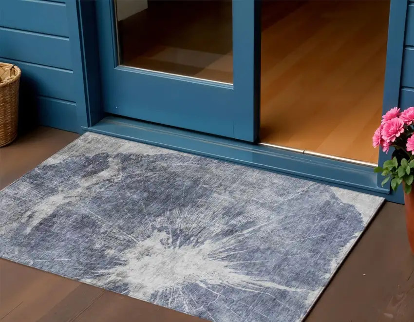 Navy Blue And Denim Blue Abstract Washable Indoor Outdoor Area Rug Photo 1