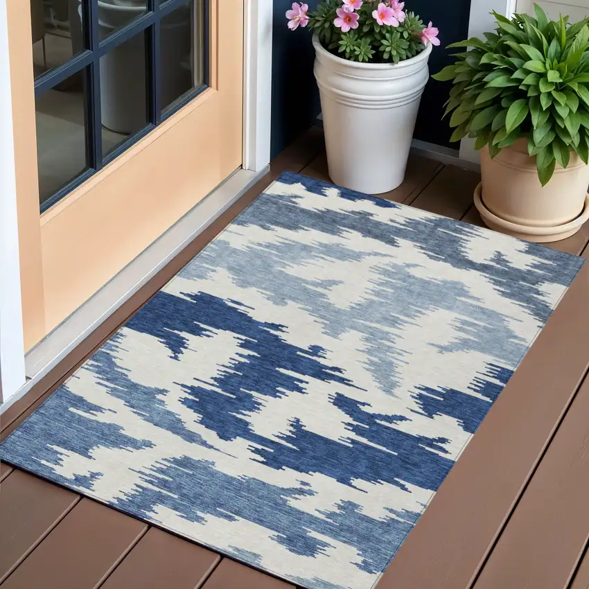 Navy Blue And Denim Blue Abstract Washable Indoor Outdoor Area Rug Photo 1