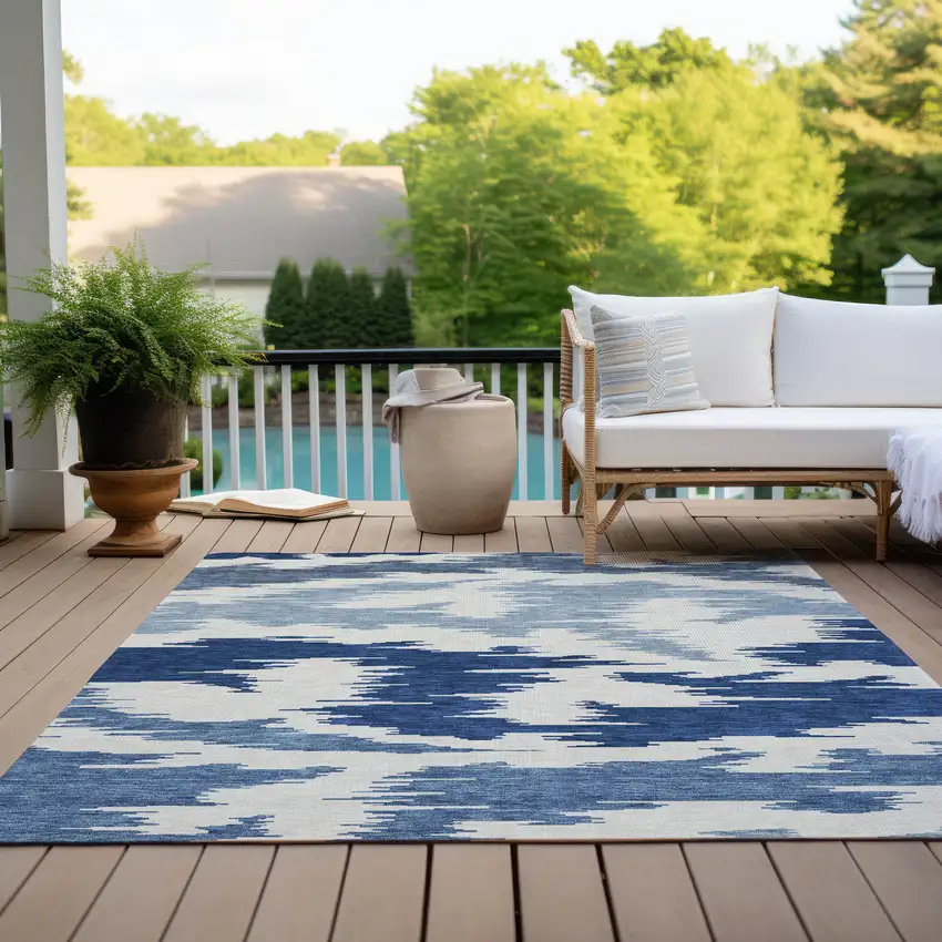Navy Blue And Denim Blue Abstract Washable Indoor Outdoor Area Rug Photo 9