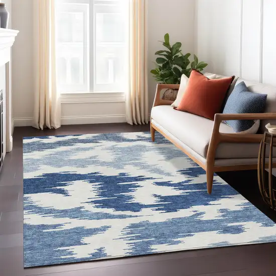 Navy Blue And Denim Blue Abstract Washable Indoor Outdoor Area Rug Photo 8