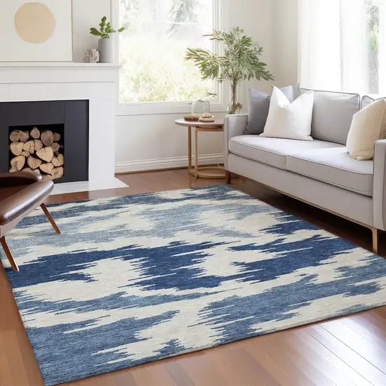 Navy Blue And Denim Blue Abstract Washable Indoor Outdoor Area Rug Photo 7