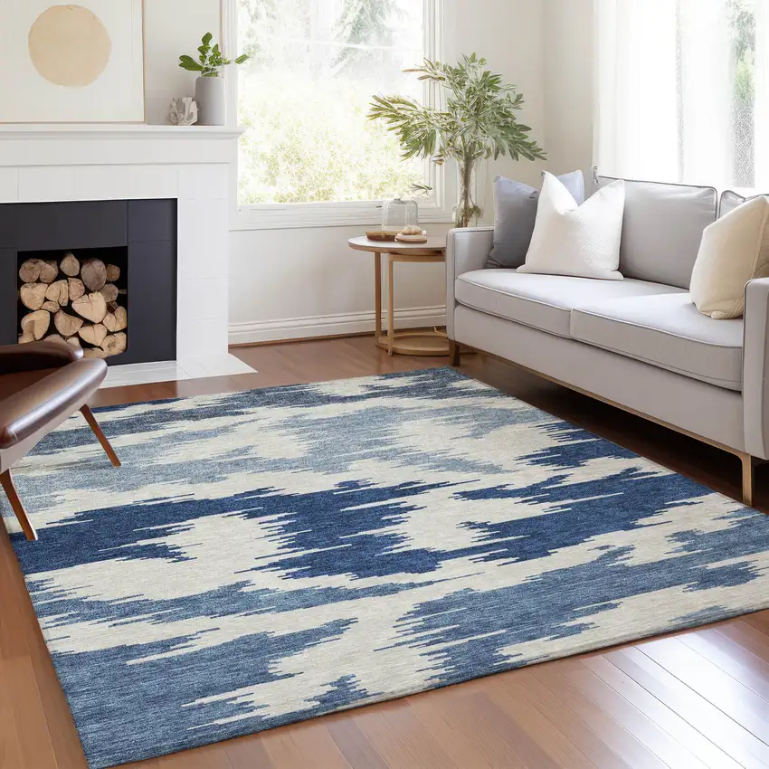 Navy Blue And Denim Blue Abstract Washable Indoor Outdoor Area Rug Photo 7