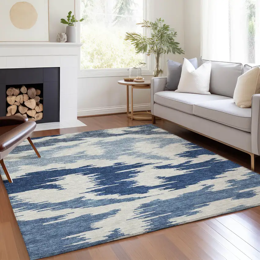 Navy Blue And Denim Blue Abstract Washable Indoor Outdoor Area Rug Photo 7