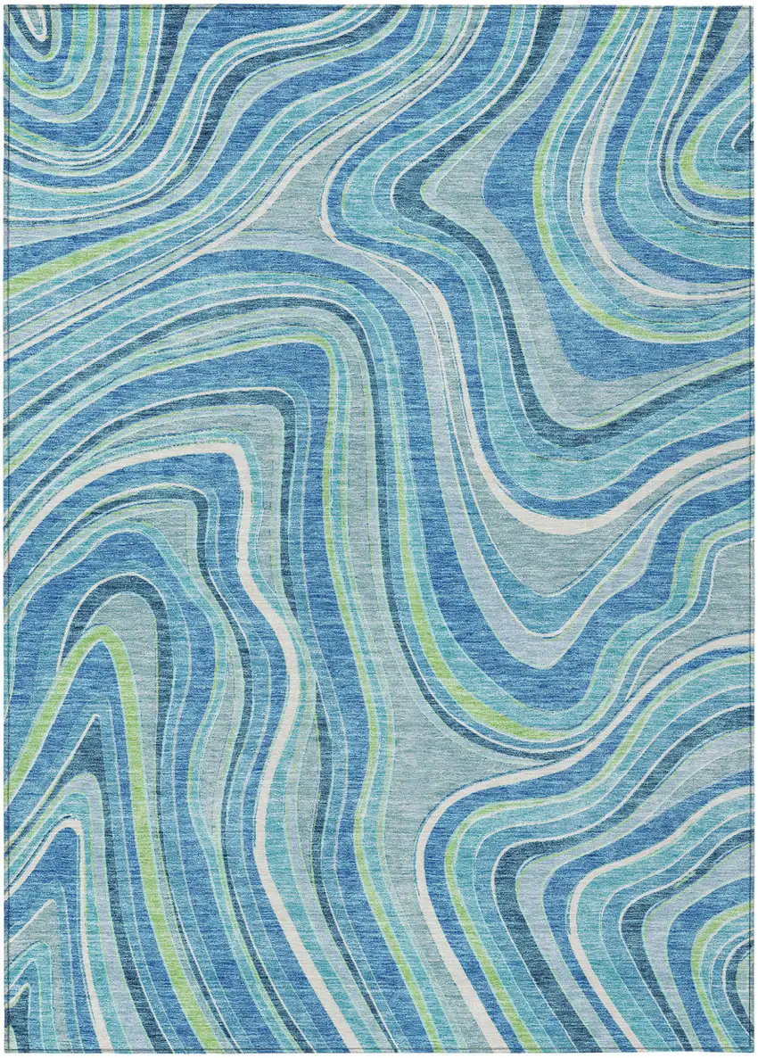 Navy Blue And Denim Blue Abstract Washable Indoor Outdoor Area Rug Photo 1