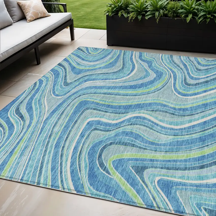 Navy Blue And Denim Blue Abstract Washable Indoor Outdoor Area Rug Photo 1