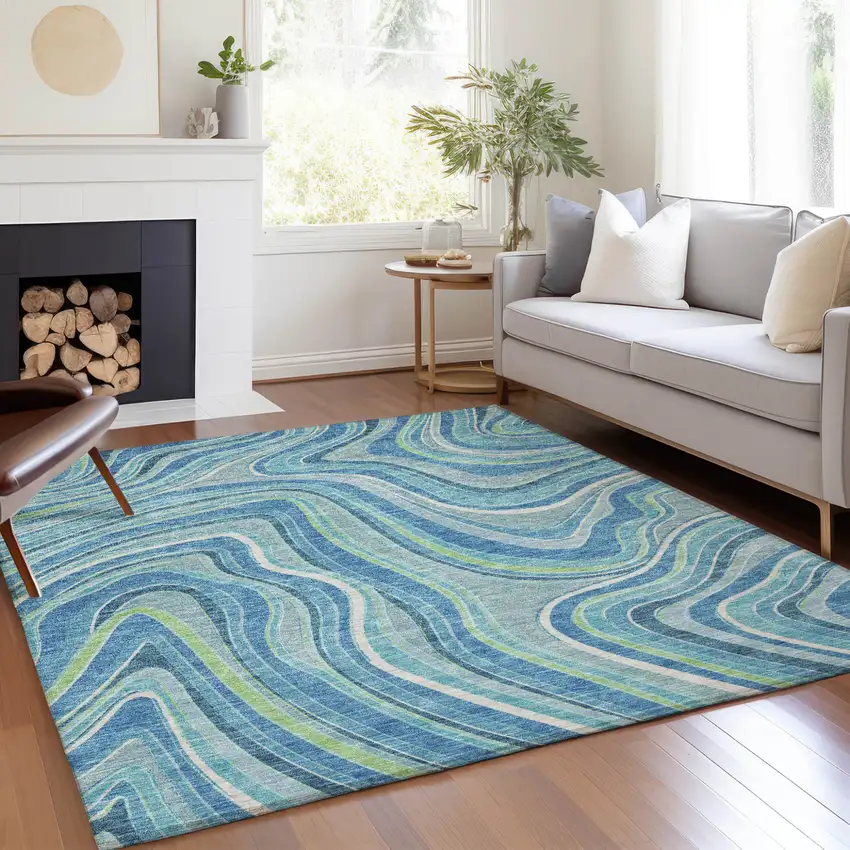 Navy Blue And Denim Blue Abstract Washable Indoor Outdoor Area Rug Photo 7