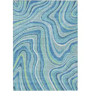 Photo of Navy Blue And Denim Blue Abstract Washable Indoor Outdoor Area Rug