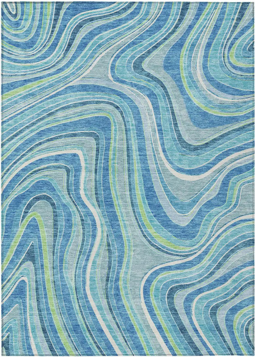 Navy Blue And Denim Blue Abstract Washable Indoor Outdoor Area Rug Photo 1