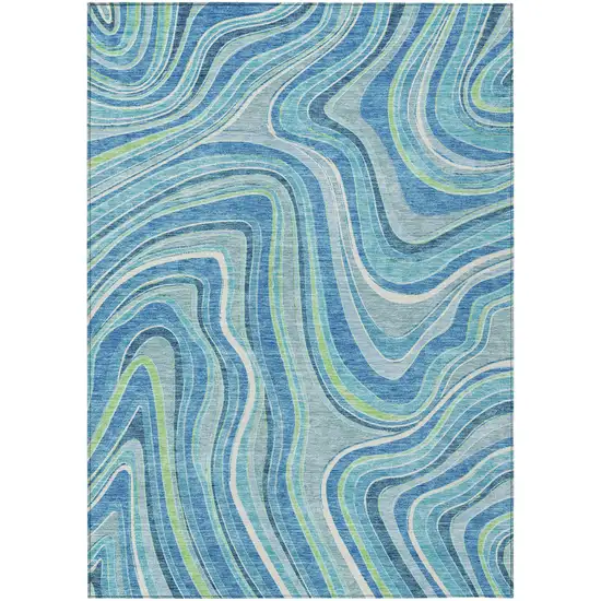Navy Blue And Denim Blue Abstract Washable Indoor Outdoor Area Rug Photo 1