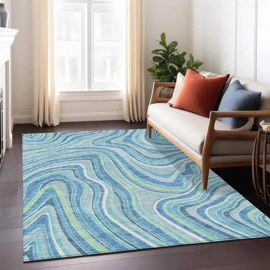 Navy Blue And Denim Blue Abstract Washable Indoor Outdoor Area Rug Photo 8
