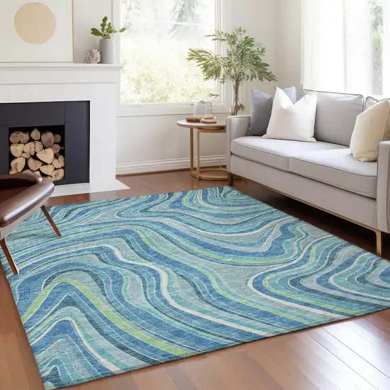 Navy Blue And Denim Blue Abstract Washable Indoor Outdoor Area Rug Photo 7