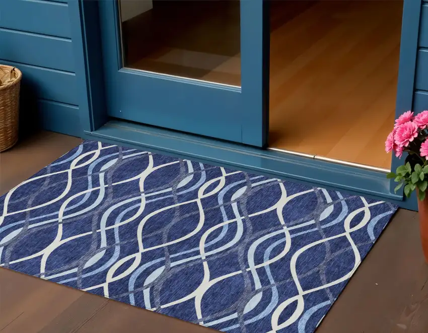 Navy Blue And Denim Blue Abstract Washable Indoor Outdoor Area Rug Photo 1