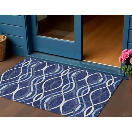 Navy Blue And Denim Blue Abstract Washable Indoor Outdoor Area Rug Photo 1