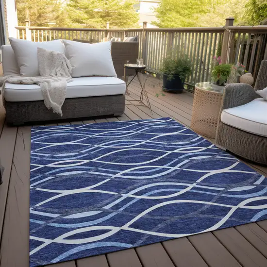 Navy Blue And Denim Blue Abstract Washable Indoor Outdoor Area Rug Photo 9