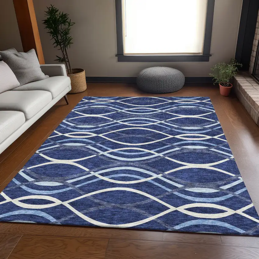 Navy Blue And Denim Blue Abstract Washable Indoor Outdoor Area Rug Photo 7
