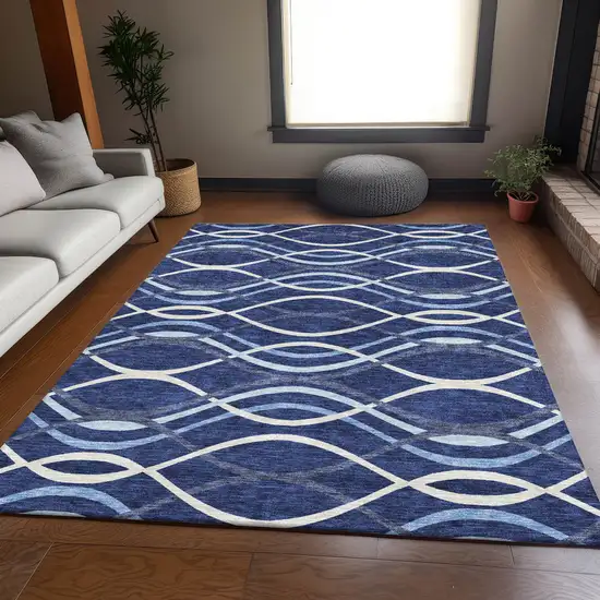 Navy Blue And Denim Blue Abstract Washable Indoor Outdoor Area Rug Photo 7