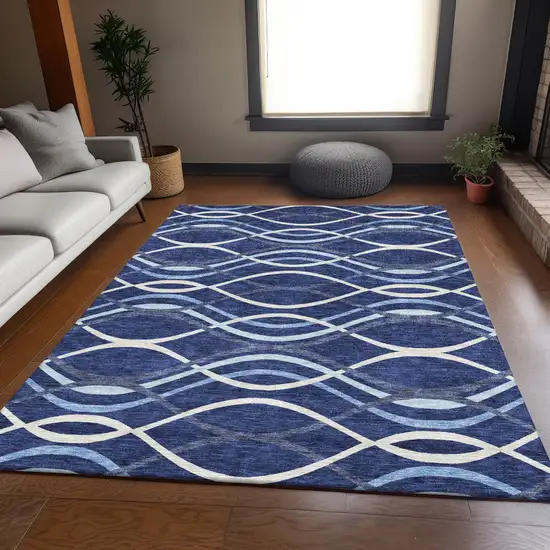 Navy Blue And Denim Blue Abstract Washable Indoor Outdoor Area Rug Photo 7