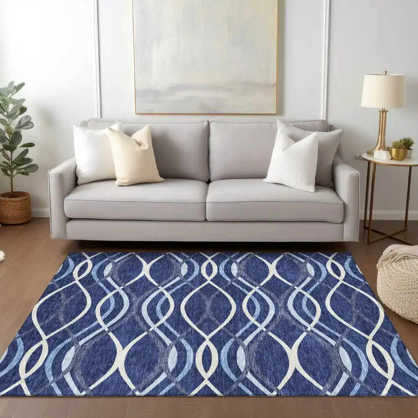 Navy Blue And Denim Blue Abstract Washable Indoor Outdoor Area Rug Photo 8