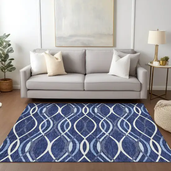 Navy Blue And Denim Blue Abstract Washable Indoor Outdoor Area Rug Photo 8