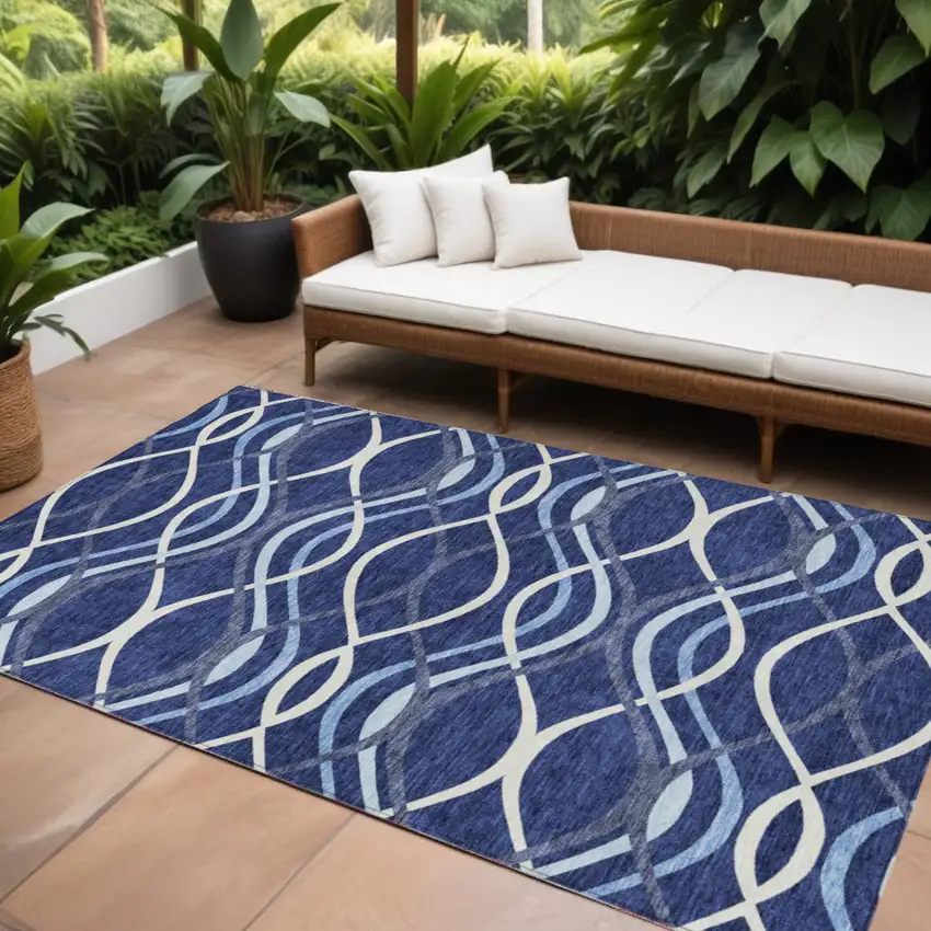 Navy Blue And Denim Blue Abstract Washable Indoor Outdoor Area Rug Photo 1