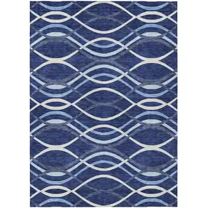 Photo of Navy Blue And Denim Blue Abstract Washable Indoor Outdoor Area Rug