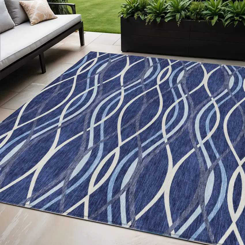 Navy Blue And Denim Blue Abstract Washable Indoor Outdoor Area Rug Photo 1