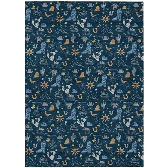 Navy Blue And Denim Blue Cactus Washable Indoor Outdoor Area Rug Photo 2