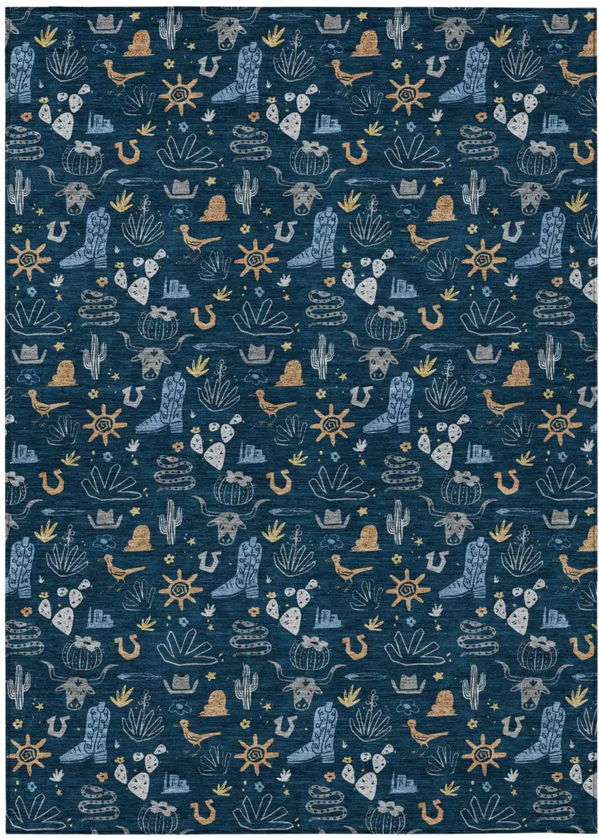 Navy Blue And Denim Blue Cactus Washable Indoor Outdoor Area Rug Photo 2