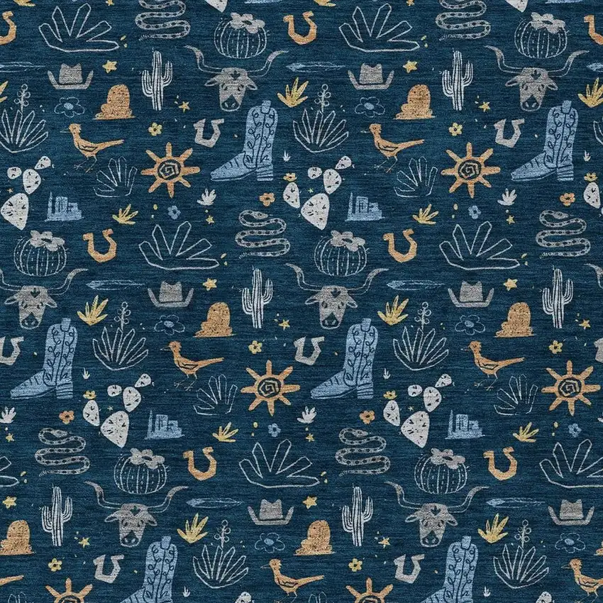 Navy Blue And Denim Blue Cactus Washable Indoor Outdoor Area Rug Photo 3