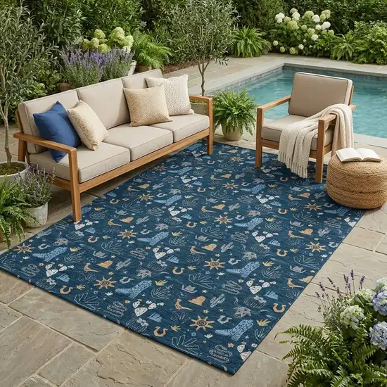 Navy Blue And Denim Blue Cactus Washable Indoor Outdoor Area Rug Photo 1