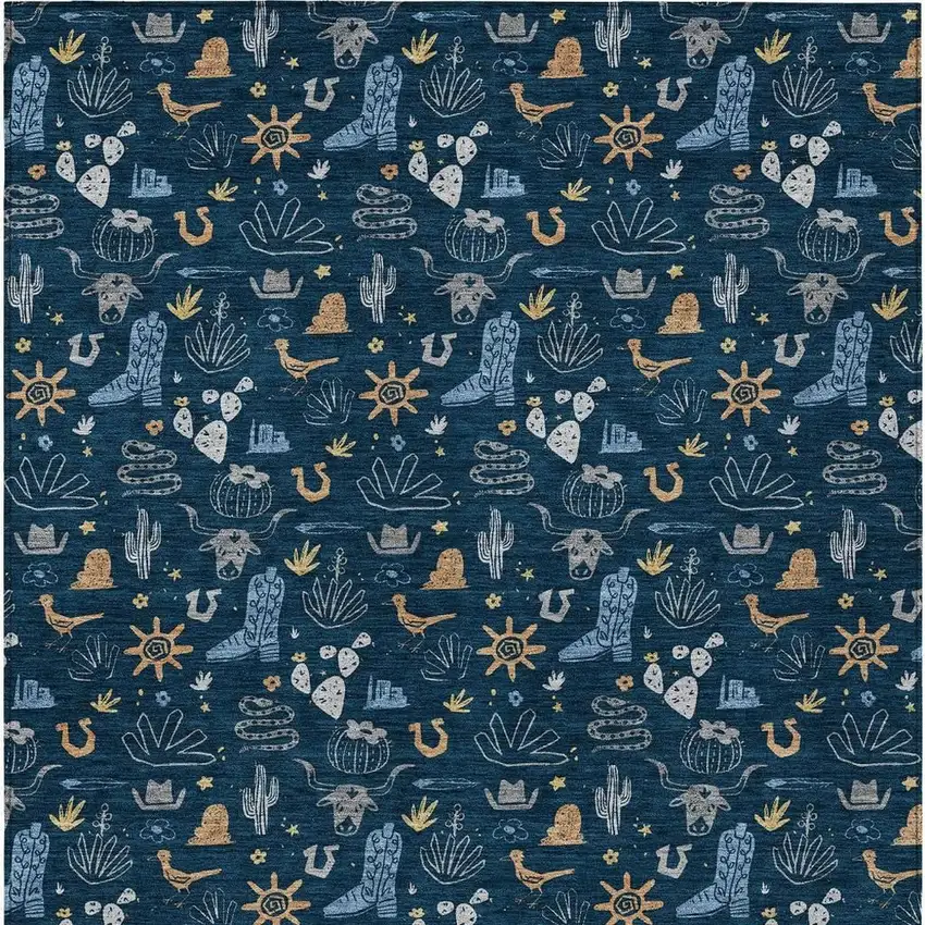 Navy Blue And Denim Blue Cactus Washable Indoor Outdoor Area Rug Photo 4