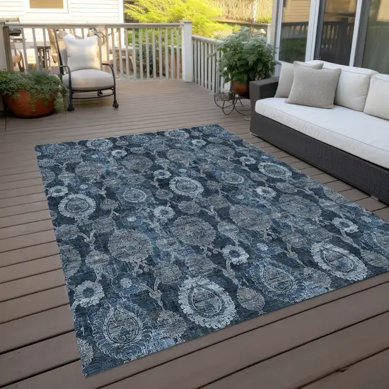 Navy Blue And Denim Blue Damask Washable Indoor Outdoor Area Rug Photo 9