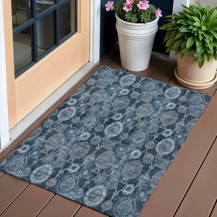 Navy Blue And Denim Blue Damask Washable Indoor Outdoor Area Rug Photo 1