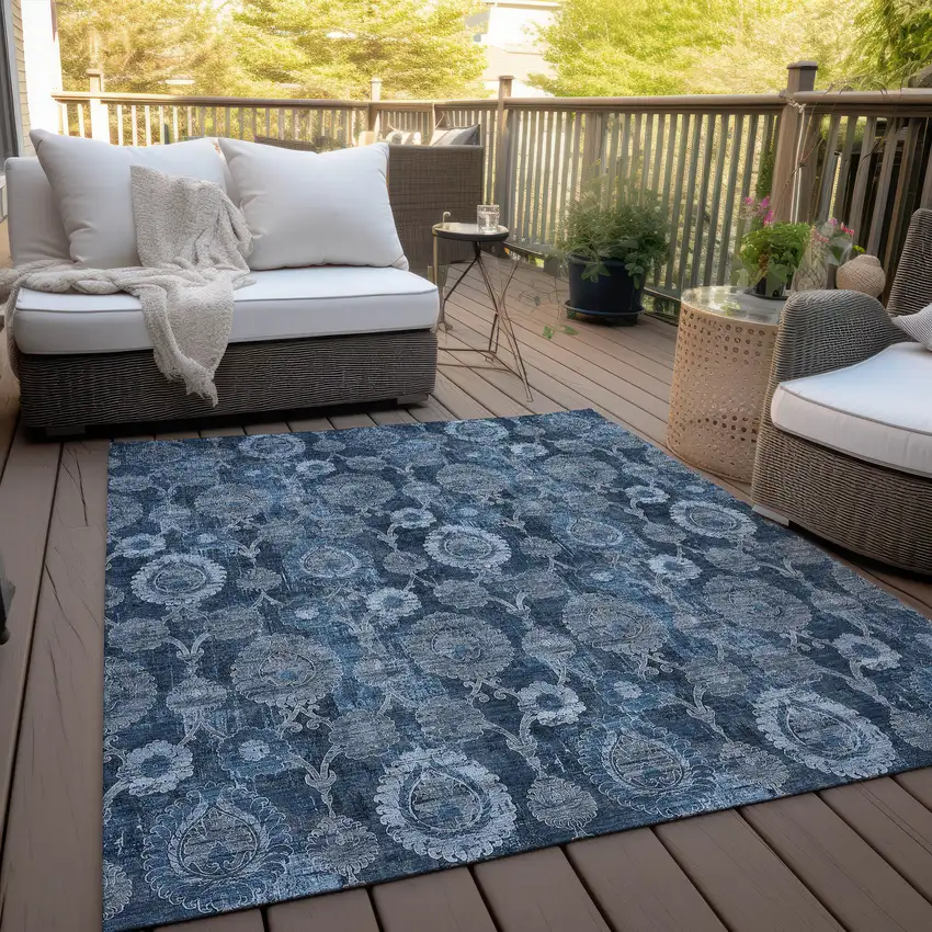 Navy Blue And Denim Blue Damask Washable Indoor Outdoor Area Rug Photo 7