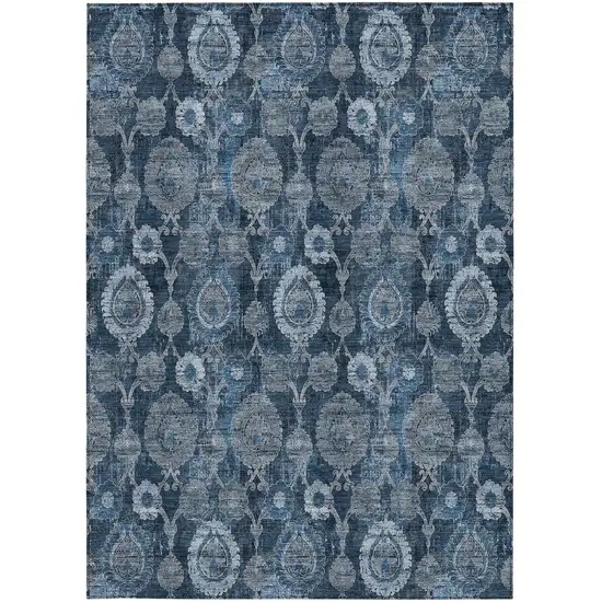 Navy Blue And Denim Blue Damask Washable Indoor Outdoor Area Rug Photo 6