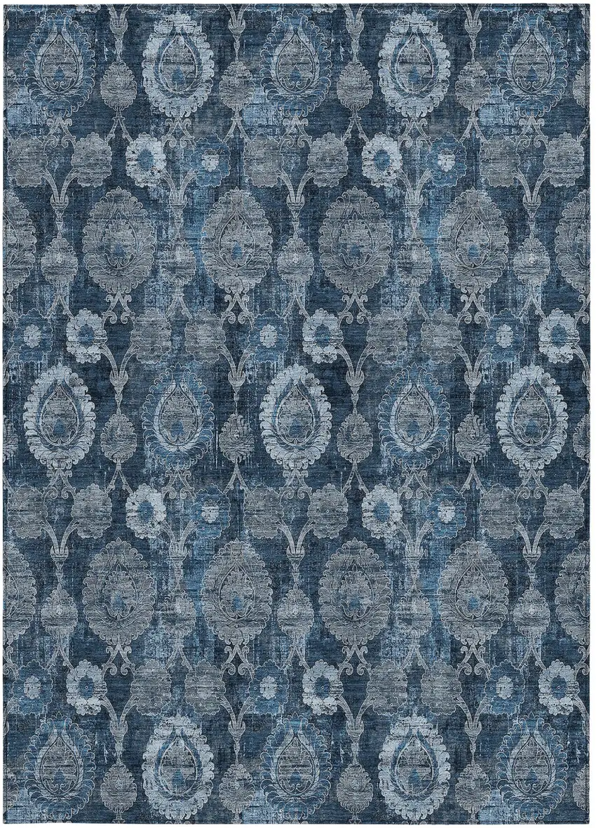 Navy Blue And Denim Blue Damask Washable Indoor Outdoor Area Rug Photo 6